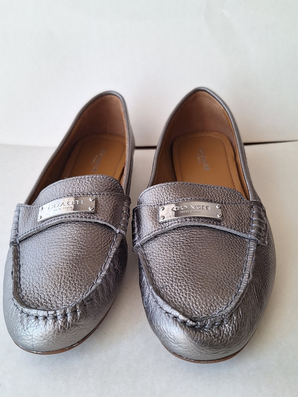 Coach Women's Metallic Pewter Leather Loafers